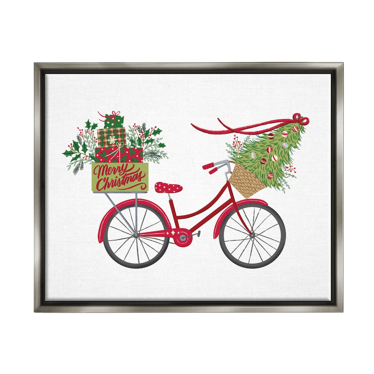 Stupell Industries Merry Christmas Seasonal Bicycle Framed Floater Canvas Wall Art